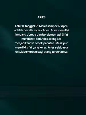 The image features a dark green background with centered white text. At the top, it reads 'ARIES' in bold, followed by text detailing the Aries zodiac sign's personality traits and birth dates.