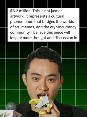 A man is shown in a medium close-up, holding a banana and an open bag. The background is a green grid pattern. A white box with black text is positioned above the man's head; the text discusses the artwork value and its cultural significance in the context of art, memes, and the cryptocurrency community.