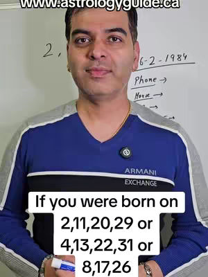 A man is centered in the frame, wearing a blue and black shirt against a white background. Text overlayed on the image provides a call to action for viewers based on their birthdates. Background elements include a whiteboard with handwritten notes.