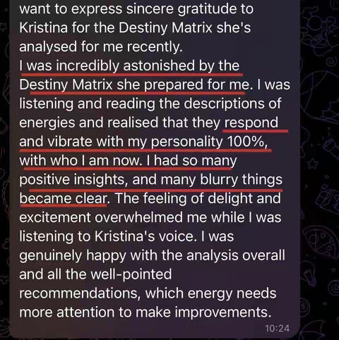 The cover image is a screenshot of a text message conversation. The text is on a dark background with light text. The text is an extended testimonial about Destiny Matrix analysis with some parts underlined in red. The lower right corner shows a timestamp .