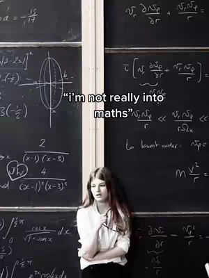 A young woman stands in front of a chalkboard covered in mathematical equations, a humorous overlay text at the center of the image.