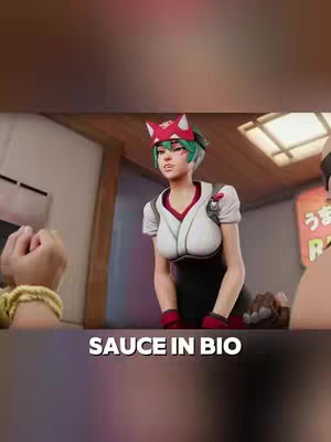 The image shows a 3D rendered female character with green hair and a red fox-eared headpiece. She is dressed in a white and black outfit, looking towards the right side of the frame. A hand with a gold bracelet is visible on the left border. The bottom of the frame contains the text "SAUCE IN BIO".
