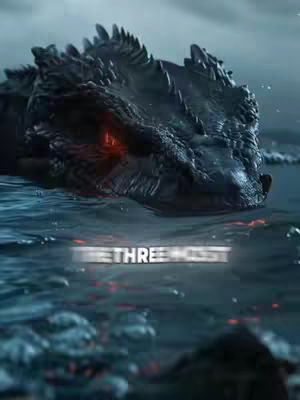 A close-up shot of a creature emerging from water. The creature appears to be a dragon or a similar mythical beast with dark, textured scales and a menacing appearance. Its eyes are glowing a fiery orange. The creature is positioned in water, with visible ripples and reflections, suggesting a dynamic movement. In the foreground, a text overlay reads 'THE THREE MOST'.