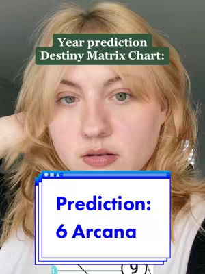 A selfie-style shot shows a woman with blonde hair, directly facing the camera. She has fair skin, and green eyes. The background is somewhat blurry. Overlayed on the image are two text boxes with text, including a prediction and an arcana number, and another box with extra text.