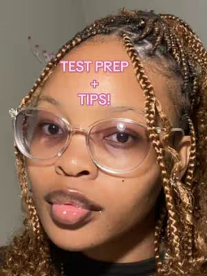 A young woman with braided hair and clear-framed glasses looks directly at the camera with her tongue slightly out. Text overlay 'TEST PREP + TIPS!' appears above her head