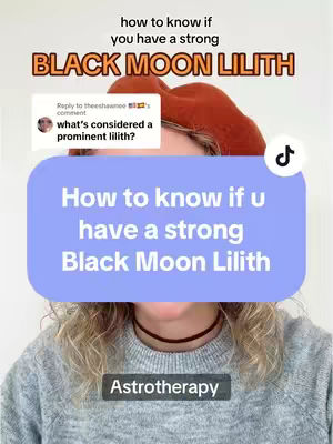 The image features a woman with curly blonde hair, wearing a black choker, and a gray sweater. A red beret sits on top of her head. A light blue banner covers the upper half of her face, displaying the question "How to know if u have a strong Black Moon Lilith", which floats above a black box containing the text "Astrotherapy". Across the top, text in a bold serif font states "how to know if you have a strong" above the words "BLACK MOON LILITH". A comment box with a profile and Spanish and US flags is located near the beret. A black TikTok logo is in the top right corner.