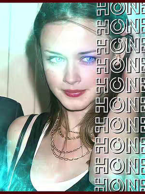 The cover image features a woman with light eyes, a slight smile, and a digitally enhanced effect where one eye glows blue and the other glows cyan. A vertical column of text, partially obscuring the right side of her face, repeats the word "HOME".