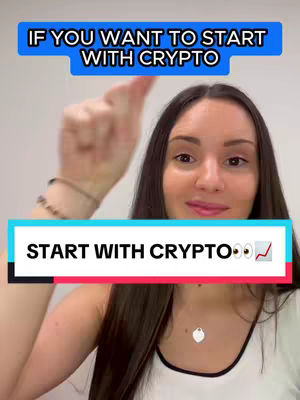 A woman is pointing upwards with her right index finger. Text boxes are overlaid on the image, one above her head that says "IF YOU WANT TO START WITH CRYPTO" and another one with the text "START WITH CRYPTO ππ" in a pink and white box. She is wearing a white tank top and has long dark hair.