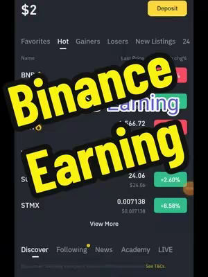 The cover image shows a screenshot of a Binance app interface, overlaid with text. The Binance interface is visible in the background, showcasing stock data and trading information. The main text overlay, "Binance Earning Earning", is in a bold yellow font, placed over this interface.