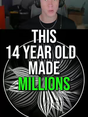 The image is a YouTube thumbnail. The top portion shows a young man wearing headphones, with his eyes visible, in front of what appears to be a screen. Below the man is a gradient black background. Large white text reads "THIS 14 YEAR OLD MADE MILLIONS". Centered within the text is a circular design with flowing white lines, and inside the circle is a green text "MILLIONS".