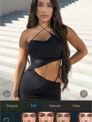 A woman with long dark hair is posing, wearing in a black dress with a unique cut, and standing against a backdrop of blurred, bright white steps. Below, an app interface displays facial filter options.