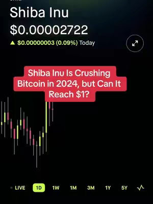 The cover image features a dark background with a cryptocurrency price chart. At the top left, the text "Shiba Inu" is displayed along with the current price and a percentage change. A red box highlights the text "Shiba Inu Is Crushing Bitcoin in 2024, but Can It Reach $1?" at the bottom, a chart with green and red bars representing price fluctuations over time, and below the chart, are time-scale options, with "1D" highlighted.