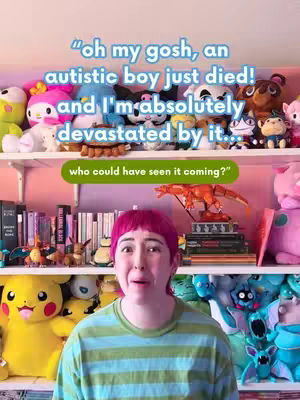 A person with pink hair is centered in the frame, looking toward the camera with a concerned expression. They are wearing a green and blue striped shirt. Behind them, shelves are packed with stuffed animals and books. Text overlays in two sections: one in the upper center and the other in a green rounded rectangle.