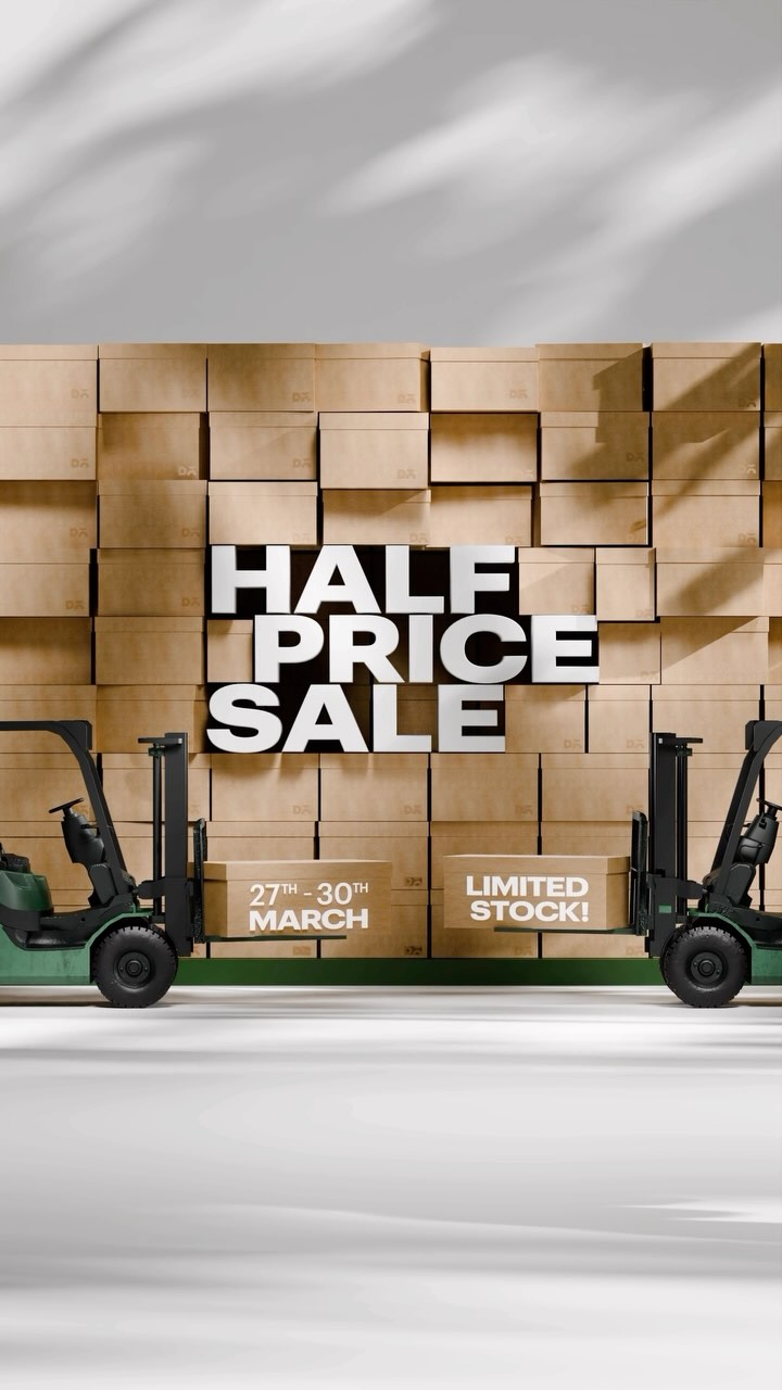 The image showcases a promotional graphic, featuring a neutral color palette. The background is a light gray, with subtle shadow effects suggesting a leaf pattern. The central focus is a wall of stacked cardboard boxes, with the text 'HALF PRICE SALE' prominently displayed in large, bold, white letters. Below this, details like '27TH - 30TH MARCH' and 'LIMITED STOCK!' are presented on boxes, with a green forklift assisting. The overall composition emphasizes a sale event.