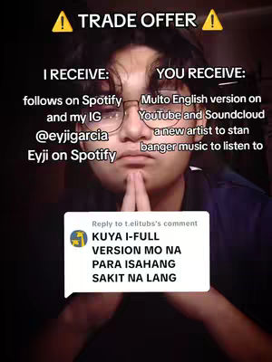 The cover image features a young man with glasses, hands clasped in front of his chin, and a graphic overlay offering a 'trade'. The top part contains a yellow warning sign and the words 'TRADE OFFER'. Below it, the text splits into 'I RECEIVE:' on the left, and 'YOU RECEIVE:' on the right side. The background of the shot is dark and the comment box in the bottom contains a message.