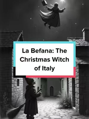 A dramatic, black-and-white image featuring a witch figure soaring high above a city street, with a child looking up at her, holding a broom. The witch is dressed in a dark gown holding a book, and the image is set against a night sky with stars.