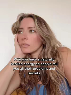 A woman with long blonde hair looks pensively to the side, resting her head on her hand. Overlayed text provides context for the POV. She is wearing a blue top, and the background is a plain, light color.