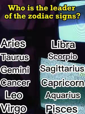 The cover image presents a text overlay over a dark background. The text asks "Who is the leader of the zodiac signs?" and lists the zodiac signs in two columns next to what appears to be two old televisions.