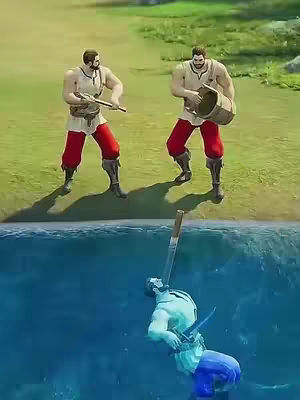 A video game scene with three characters: Two are standing on a grassy bank in medieval or fantasy attire, one holding a weapon and the other a wooden bucket. Below, a third character is underwater, also costumed. The overall color palette is dominated by greens, blues, and browns, with the characters dressed in earth tones and vivid red pants.