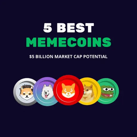 The cover image features five coin-like designs on a dark blue background. Each coin showcases a different meme character. The upper section displays the text "5 BEST MEMECOINS" in white outlined in a green font. Beneath this, the text "$5 BILLION MARKET CAP POTENTIAL" is shown in white. The overall layout is clean, with vibrant colors, conveying a sense of financial optimism.