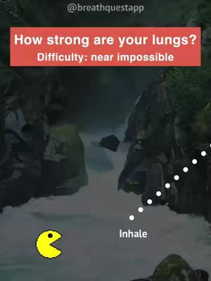 The image shows a scenic mountain landscape with a river. A red rectangle with white text reading 'How strong are your lungs? Difficulty: near impossible' is overlaid on the top. A yellow Pac-Man graphic with an open mouth is on the left, and a dotted line with the word 'Inhale' at the bottom right suggests a breathing exercise.