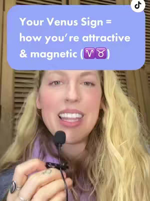 A woman with long blonde hair is shown from the chest up, with a mic in hand. A light purple overlay reads "Your Venus Sign = how you're attractive & magnetic". The background is an off-white shutter-like wall.