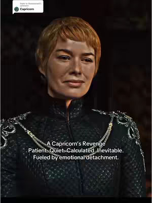 The image shows a medium shot of a woman with short, light-brown hair. She is wearing a dark, decorated garment. Overlayed on the image is text describing 'A Capricorn's Revenge'. The overall composition is a close-up, focusing on the woman's upper body and face, with a dark, undefined background.
