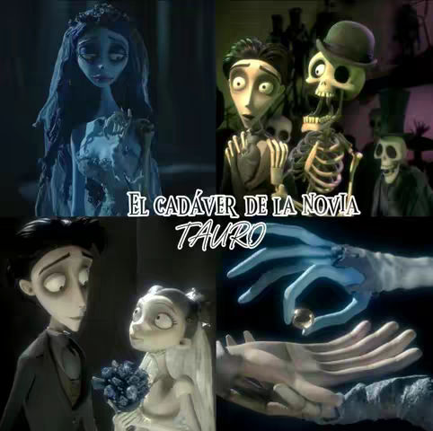 A collage of scenes from the animated film 'Corpse Bride'. The layout is a square divided into four quadrants, with the center featuring the text overlay. The top left quadrant shows the Corpse Bride, the top right quadrant has Victor Van Dort and the skeletons. The bottom left quadrant features Victor and the Corpse Bride, and the bottom-right quadrant shows hands exchanging a ring.