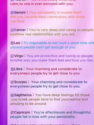 A vertical image displaying a list of zodiac signs with their traits in a purple-pink gradient background.
