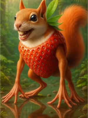 A whimsical image of a squirrel-like creature, its body replaced by a vibrant red strawberry. The squirrel has orange fur, large black eyes, and a prominent grin revealing its teeth. Green leaves sprout from the top of the strawberry, resembling a leafy crown
