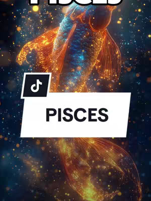 The image features a stylized depiction of a golden fish, possibly a koi, with expansive fins and a shimmering, textured appearance. The fish is set against a dark, blurred background with bokeh effects, giving it a sense of depth and a celestial quality. The text "PISCES" is overlaid on a white rectangular banner, positioned centrally near the bottom of the image, with a TikTok logo above. The overall effect is visually appealing, with a strong focus on color and design.