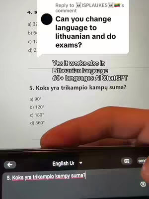 The image shows a smartphone displaying a Lithuanian math question in the AI ChatGPT, a user's hand is pointing at the screen. Above, a comment asks if the app can switch languages. Top-right is the commenter's profile, with supporting text explaining language availability.