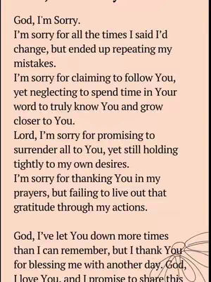 The cover image shows a vertical arrangement of text against a light brown background. The text appears to be a prayer or a personal reflection focusing on themes of regret and seeking forgiveness. At the bottom-right corner, a small, faded floral design. The layout is simple, emphasizing the text's message.
