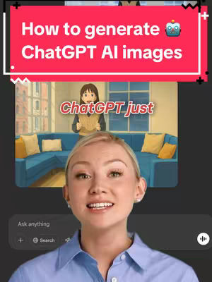 A woman with blonde hair smiles at the camera. Above her, a graphic reads "How to generate ChatGPT AI images" in bold, white text on a red background, along with a robot emoji. Below it is an image of a person sitting on a couch with a cartoonish background. On the bottom black part is a search bar. The overall composition is well-lit and colorful.
