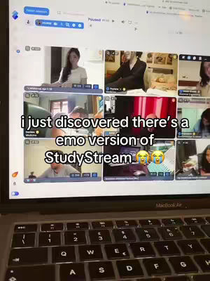 A laptop screen displaying a StudyStream interface with various video feeds. Overlayed text declares the discovery of an 'emo version' of StudyStream, with emojis emphasizing the sentiment. The laptop keyboard is visible in the foreground.