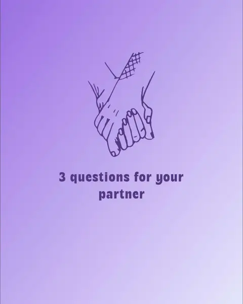 The image displays a stylized illustration of two hands holding each other. The hands are depicted with simple line art in black against a gradient purple background. Below this illustration, the text '3 questions for your partner' is centered and written in a clean, sans-serif font.