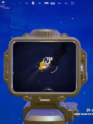 The cover image is a first-person perspective shot from a video game aiming down the sights. The scope and game elements are in metallic gold, providing a game-like environment with a blue background. The elements like compass and range finder are added to complete the feel of the game environment. The image suggests a shooter or action game with visual indications of aiming and targeting.