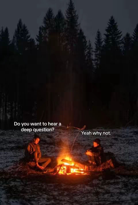 Two individuals are seated near a bonfire in a snow-covered area at night, with a dark forest in the backdrop and overlaid text. The fire is centrally placed, lighting the scene. Text bubbles show a conversation.