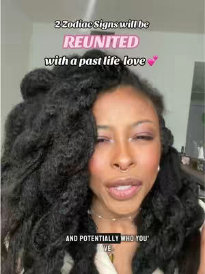 A woman with long, dark curly hair is centered in the frame. Text overlaid on the image reads, "2 Zodiac Signs will be REUNITED with a past life love." Her expression is serious and she appears to be speaking.