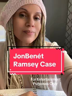 A woman with fair skin, wearing a pink knit cap and earrings, is positioned in a well-lit setting. Her blonde-streaked hair frames her face. A red box with white text overlay reading 'JonBenét Ramsey Case' is present. The image composition is a close-up shot, probably from a selfie, with a blurred background.