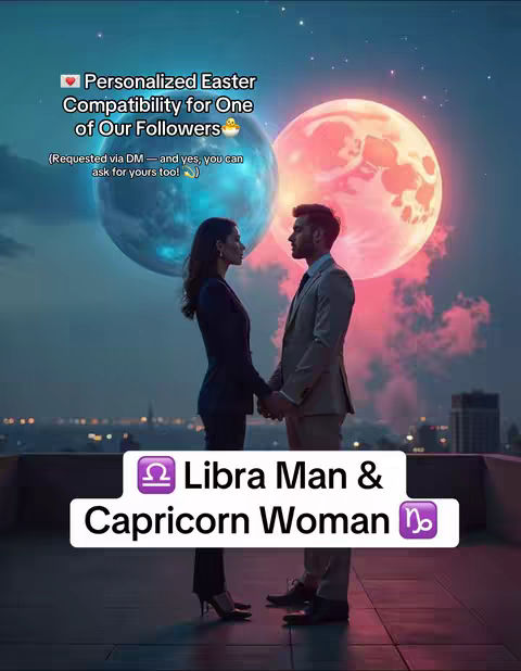 The image features a couple standing on a rooftop, silhouetted against a cityscape at dusk or dawn. Above them, the sky displays what appears to be a large, blue planet on the left and a vibrant red-orange planet on the right. Clouds and soft light surround the planets, possibly suggesting a fantasy or mystical setting. The couple is holding hands, symbolizing a close relationship, with a banner overlayed on their feet for additional context. The overall color palette is soft, using blues, oranges, and pinks, making it visually appealing.