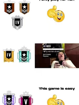 The cover image is structured like a meme, featuring various gameplay rank insignias from a video game. It displays rank icons from different levels (Bronze, Silver, Gold, Platinum, and Diamond) arranged in a grid-like format. Text overlays, including phrases like "I only play for fun" and "This game is easy", accompany emojis, and a video game player in the lower right corner.