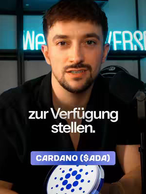A man with short, brown hair and a beard appears in a medium shot, looking directly at the camera with a neutral expression. He wears a black shirt. The background is blurred, showing neon signs and a microphone. In the foreground, he holds a coin-like object, possibly a cryptocurrency representation. Below him is white text on a blue background.