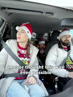 A selfie shot inside a car, featuring a woman wearing a Santa hat and seated in the front, with a man in a similar hat beside her, and two children in the back seats. The image has a warm, slightly toned look, indicating a happy moment. Overlayed text highlights the content's theme of parental control during the holiday season.