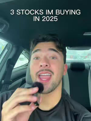 A man in a car holding a microphone, with a text overlay reading "3 STOCKS IM BUYING IN 2025". The man is smiling, with a car interior serving as the background.