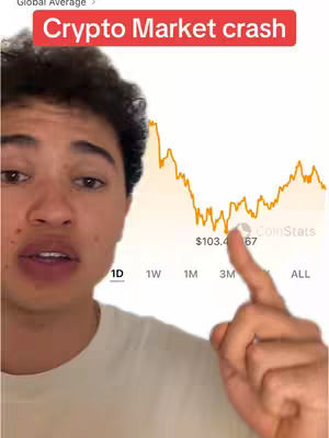 A young man with short, dark hair and a light complexion stands in front of a chart depicting a financial downturn. Above him, set against a red banner, is the text "Crypto Market crash."