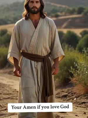 A man dressed in biblical robes stands on a path. The background suggests a sunny, outdoor setting with trees and fields. A white rectangular bar at the bottom contains text overlay.
