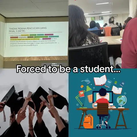 The cover image is a montage of four panels. The top left panel shows a screen with legal text on a white background. The top right panel features a classroom with students. The bottom left panel shows people holding graduation caps with diplomas. The bottom right panel depicts a person sitting at a desk with a computer, books, and a globe, indicating online study.
