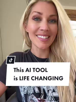 A smiling woman with long blonde hair is centered in the frame. The woman is wearing a black t-shirt with an abstract design and a silver necklace. A white rectangle displaying the text "This AI TOOL is LIFE CHANGING" is placed in the center of her chest with a Tik Tok icon in the top left of the text container.