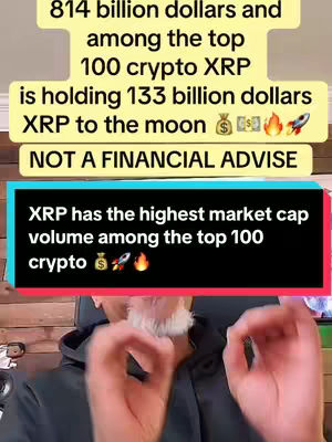 The image shows a man with a beard giving a presentation with two text boxes providing analysis on XRP market cap and market volume. The main colors are the black of the foreground text and the yellow of the background text.